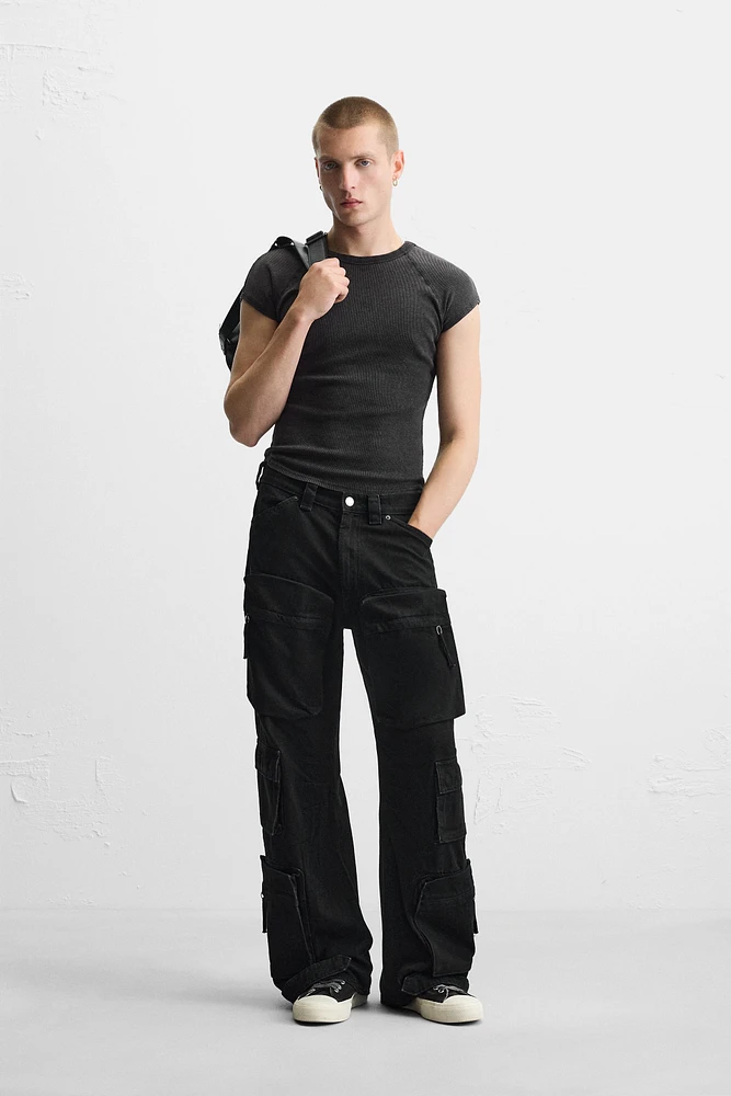DENIM CARGO PANTS WITH POCKETS