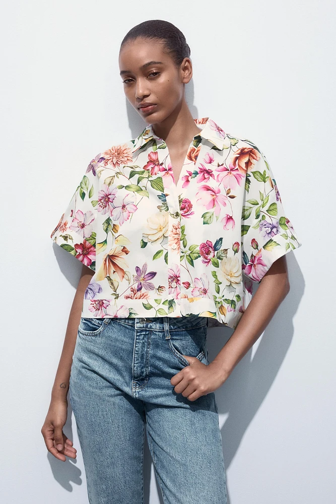 CHEMISE COURTE EN POPELINE À IMPRIMÉ FLORAL