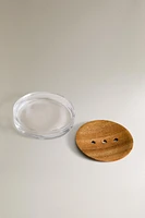 GLASS AND WOOD BATHROOM SOAP DISH