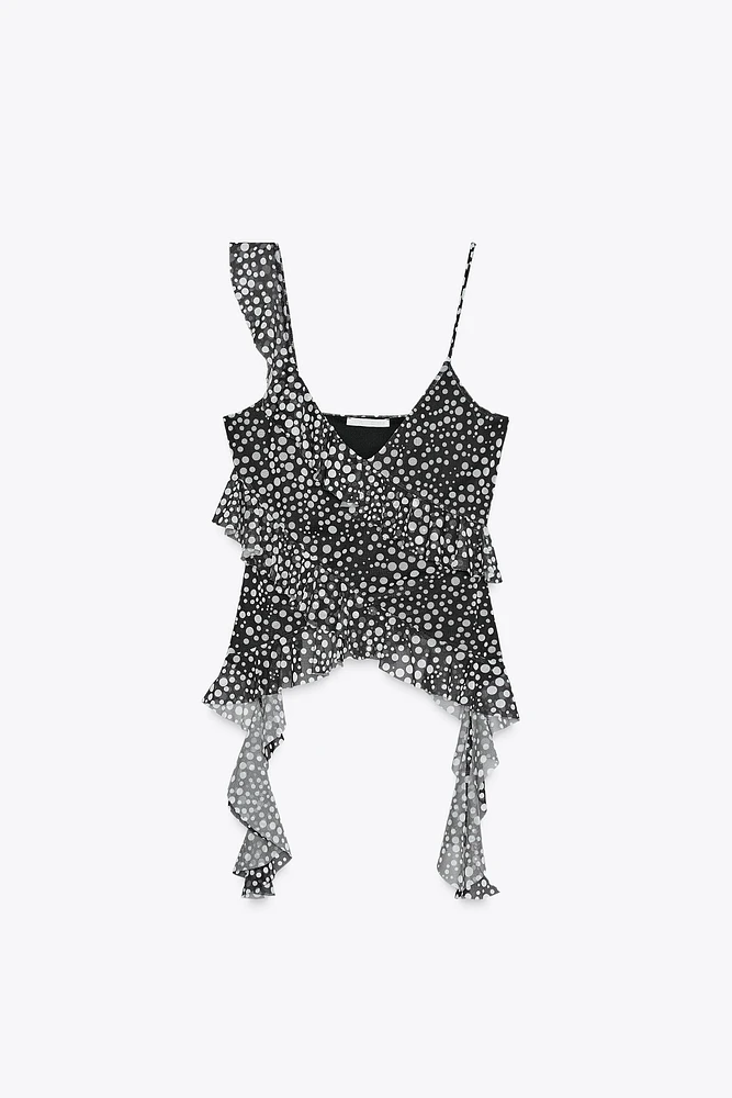 PRINTED TULLE RUFFLE TOP