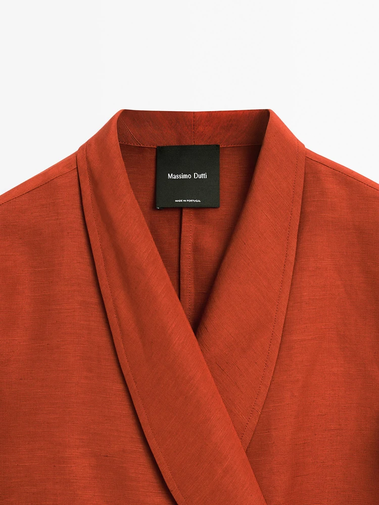 Flowing linen blend kimono with tuxedo-style collar