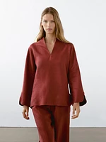 Blouse à col en V 100 % lin