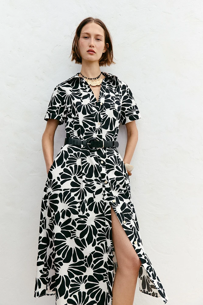 ROBE MIDI EN POPELINE IMPRIMÉE CEINTURE