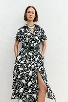 ROBE MIDI EN POPELINE IMPRIMÉE CEINTURE