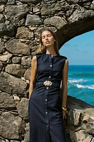 Z1975 BELTED DRAPED DENIM MIDI DRESS