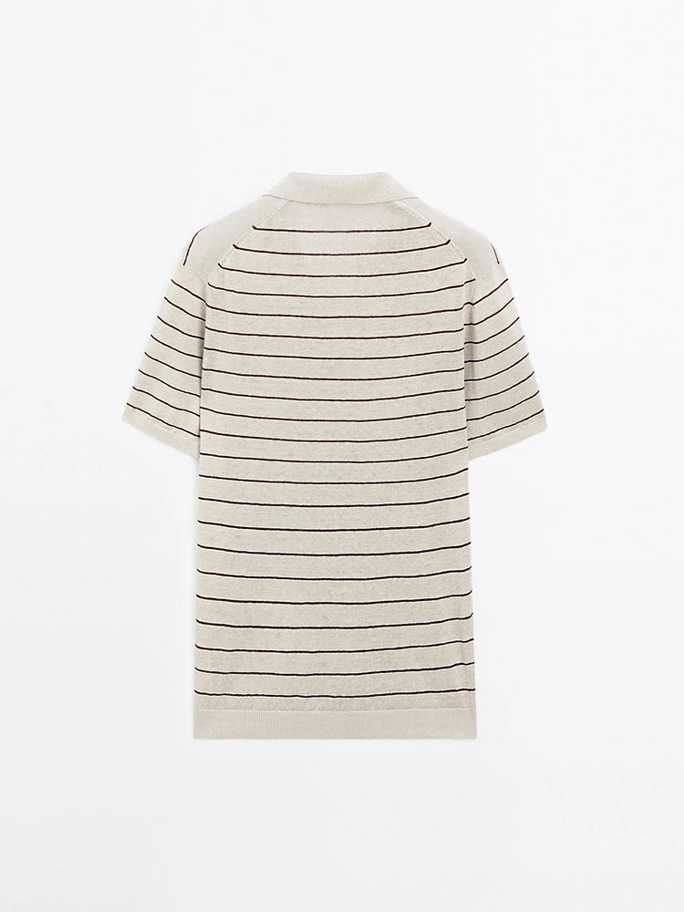 100% linen striped knit polo shirt