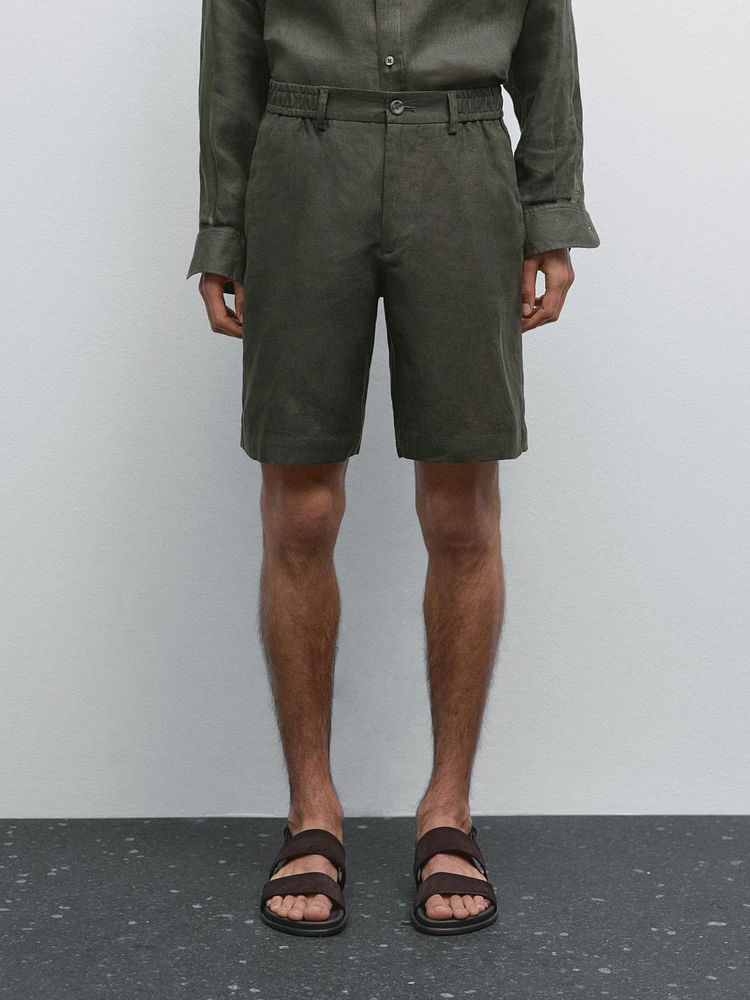 100% linen semi-jogger fit Bermuda shorts