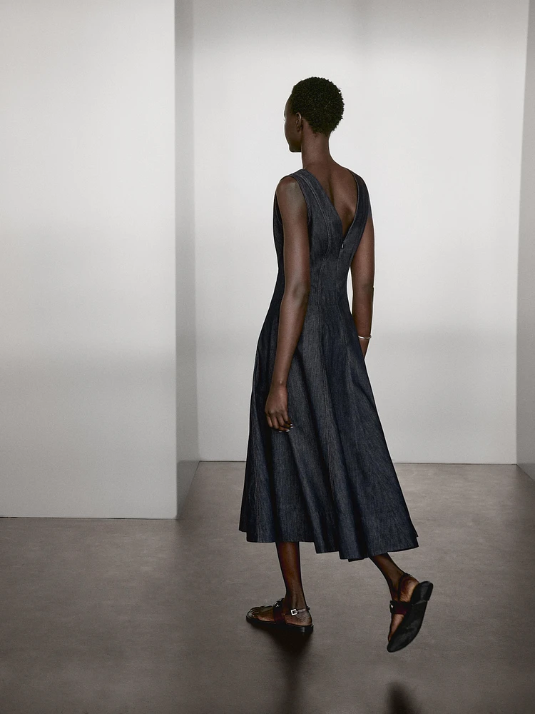 Robe midi denim coutures apparentes