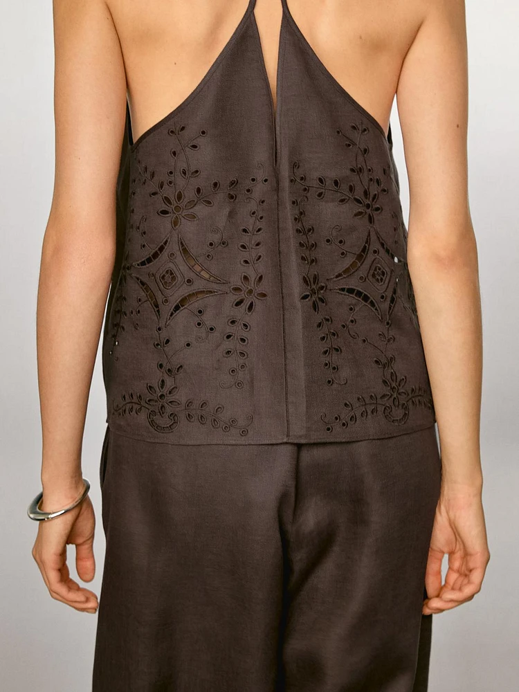 Linen blend embroidered top
