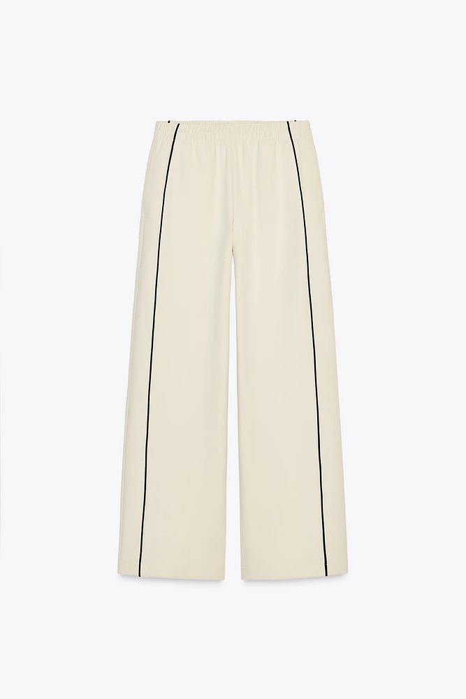 CONTRASTING PIPED TRIM WIDE-LEG PANTS