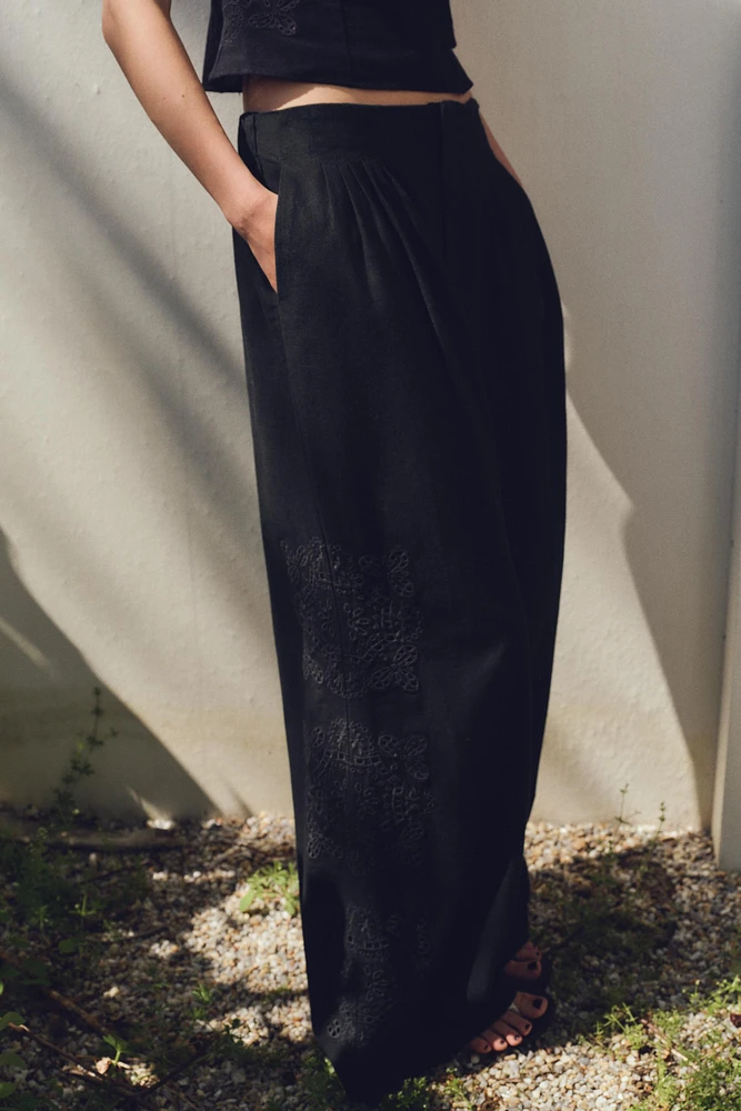 MULTI-PLEAT EMBROIDERED PANTS