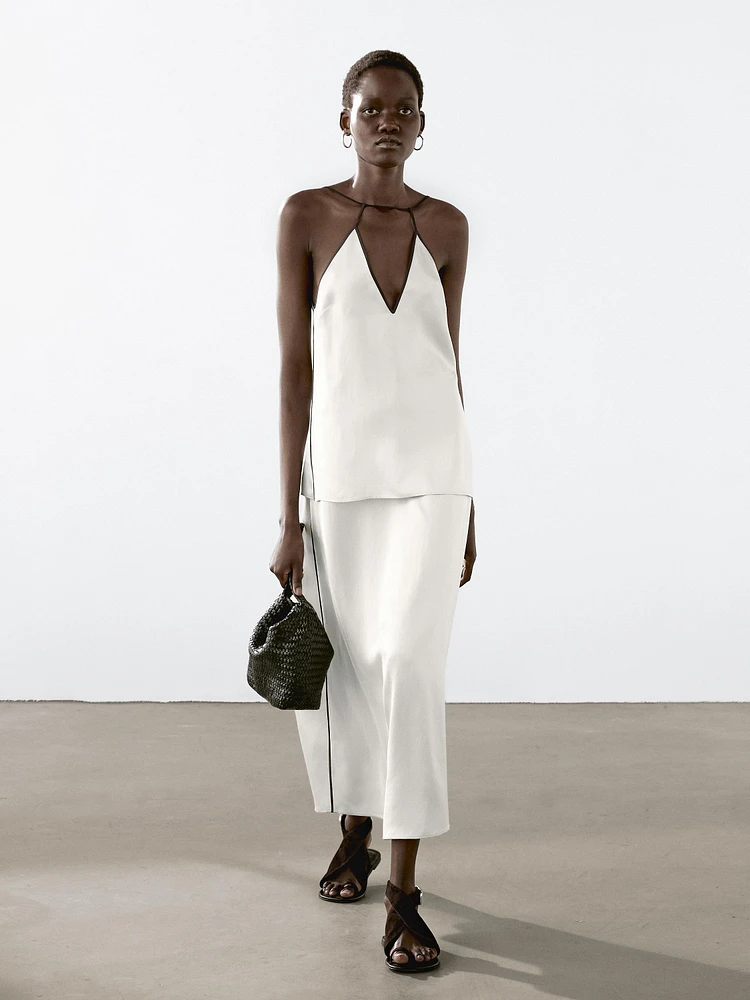 Satin midi skirt with trims