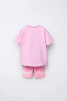 PLAIN T-SHIRT AND PRINTED BIKE SHORTS SET