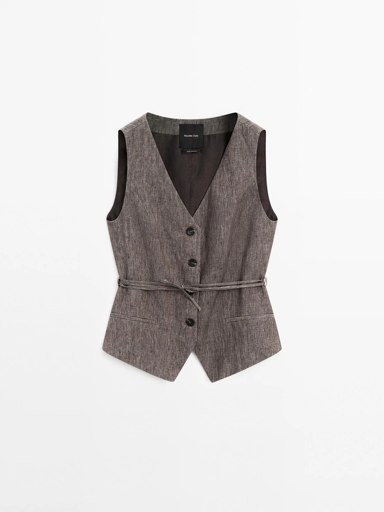 Veste sans manches chinée avec nœud en lin