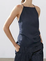 Linen blend halter top with straight neckline