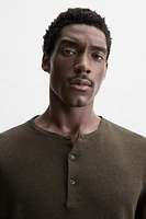 COTTON LINEN BLEND BUTTON NECK T-SHIRT