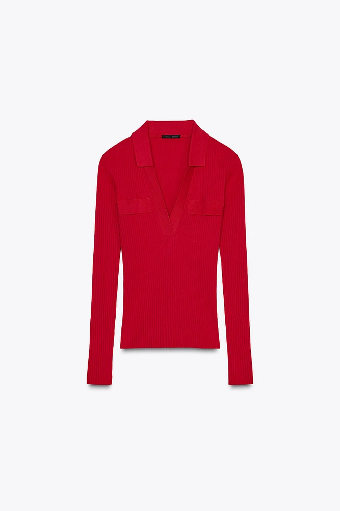 RIBBED POLO NECK T-SHIRT