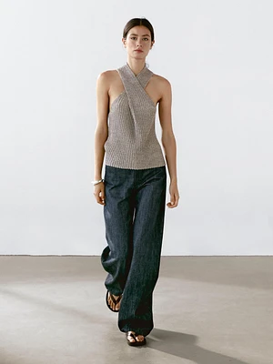Knit cotton blend crossover top
