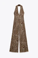 ANIMAL PRINT TULLE HALTER JUMPSUIT