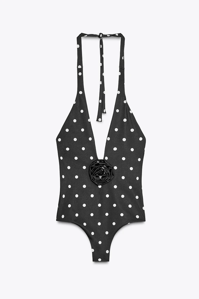 HALTER POLKA DOT RAISED FLORAL SWIMSUIT