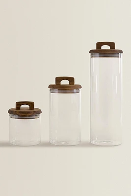 BOROSILICATE GLASS AND WOOD STORAGE JAR