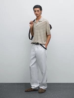 100% linen striped knit polo shirt