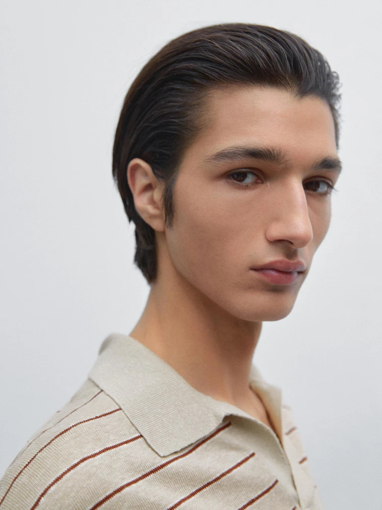 100% linen striped knit polo shirt