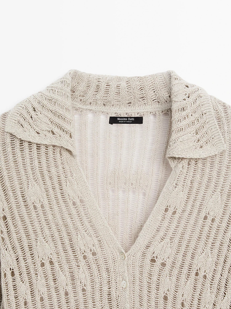 Cardigan en maille ajourée à col polo
