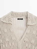 Cardigan en maille ajourée à col polo