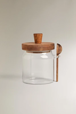 BOROSILICATE GLASS AND WOOD SUGAR BOWL