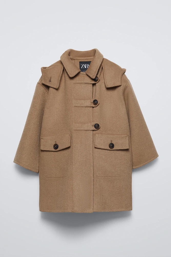 WOOL BLEND HOODED DUFFLE COAT