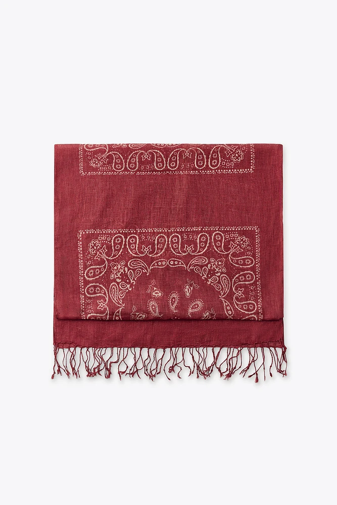 100% LINEN PRINTED FRINGED SCARF