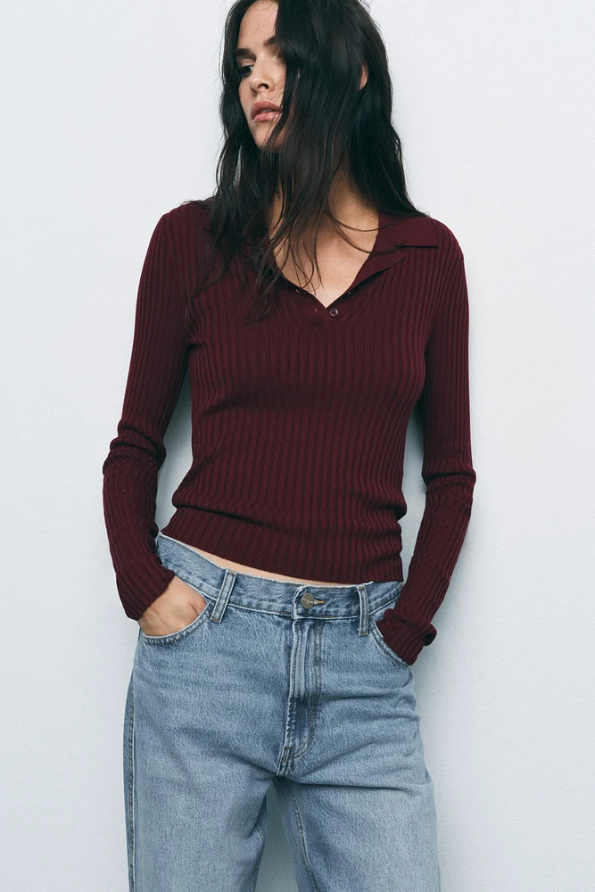 RIBBED KNIT POLO SWEATER