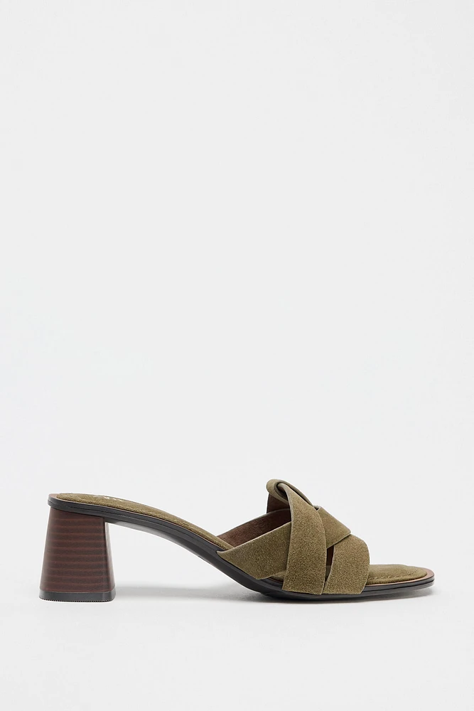 STRAPPY SPLIT LEATHER HEELED SANDALS