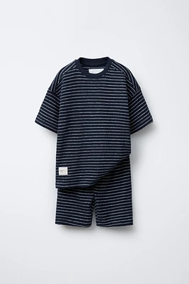 ENSEMBLE T-SHIRT ET BERMUDA EFFET SERVIETTE RAYURES
