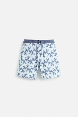 GEOMETRIC PRINT LONGLINE SWIMMING TRUNKS