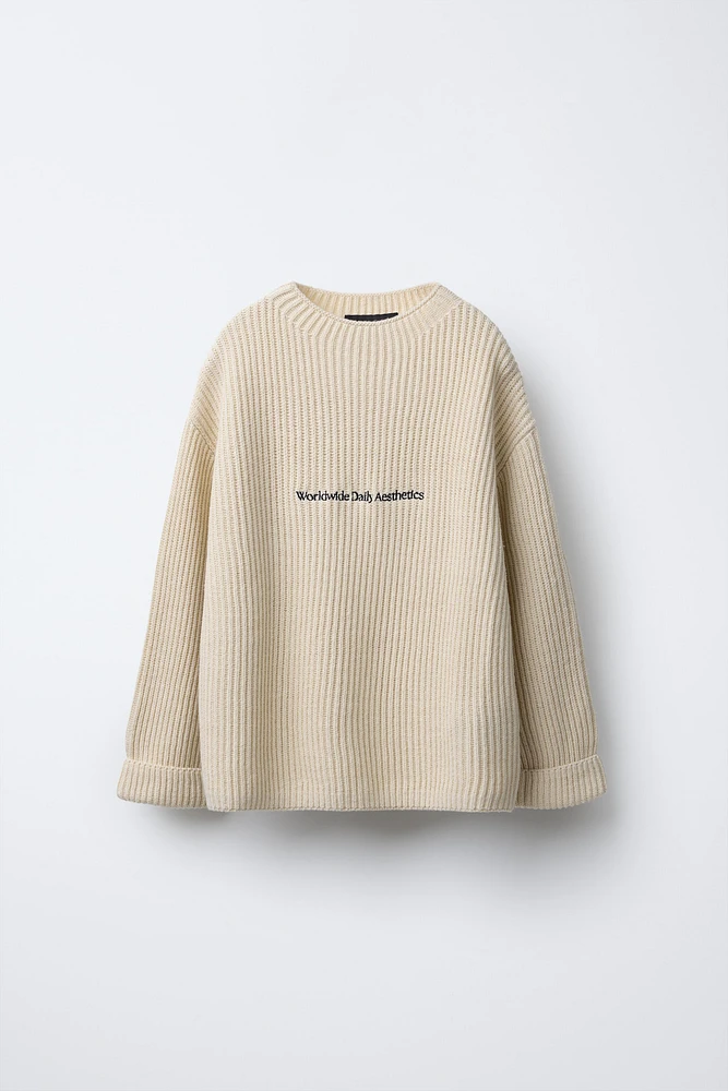 EMBROIDERED TEXT KNIT SWEATER
