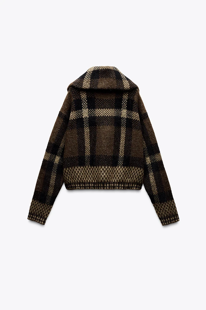 CHECKERED KNIT BOMBER JACKET