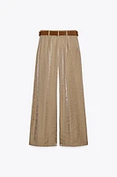 BELTED SATIN WIDE LEG PANTS