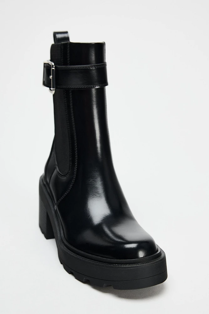 BUCKLED HIGH HEELED CHELSEA ANKLE BOOTS