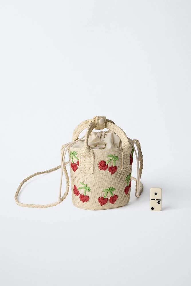 CHERRY PRINT MINI RAFFIA CROSSBODY BAG