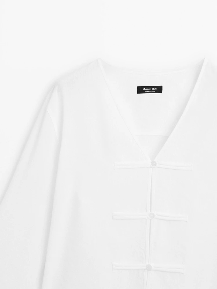 Flowing linen blend kimono-style blouse