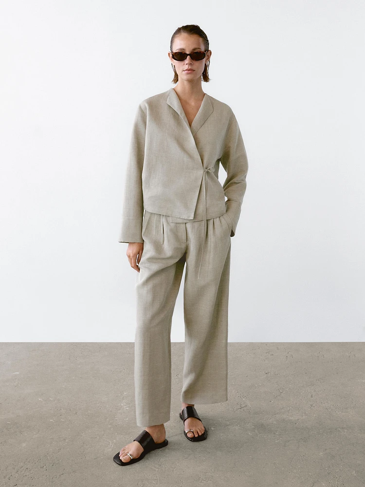 Linen blend check print trousers