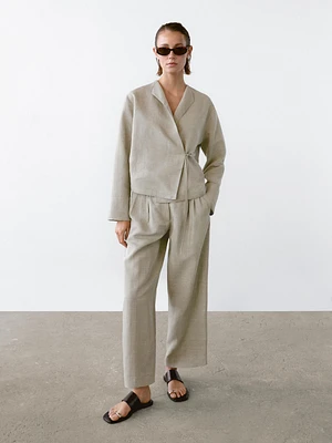 Linen blend check print trousers