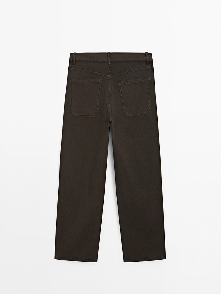 Cotton blend straight-leg cropped trousers