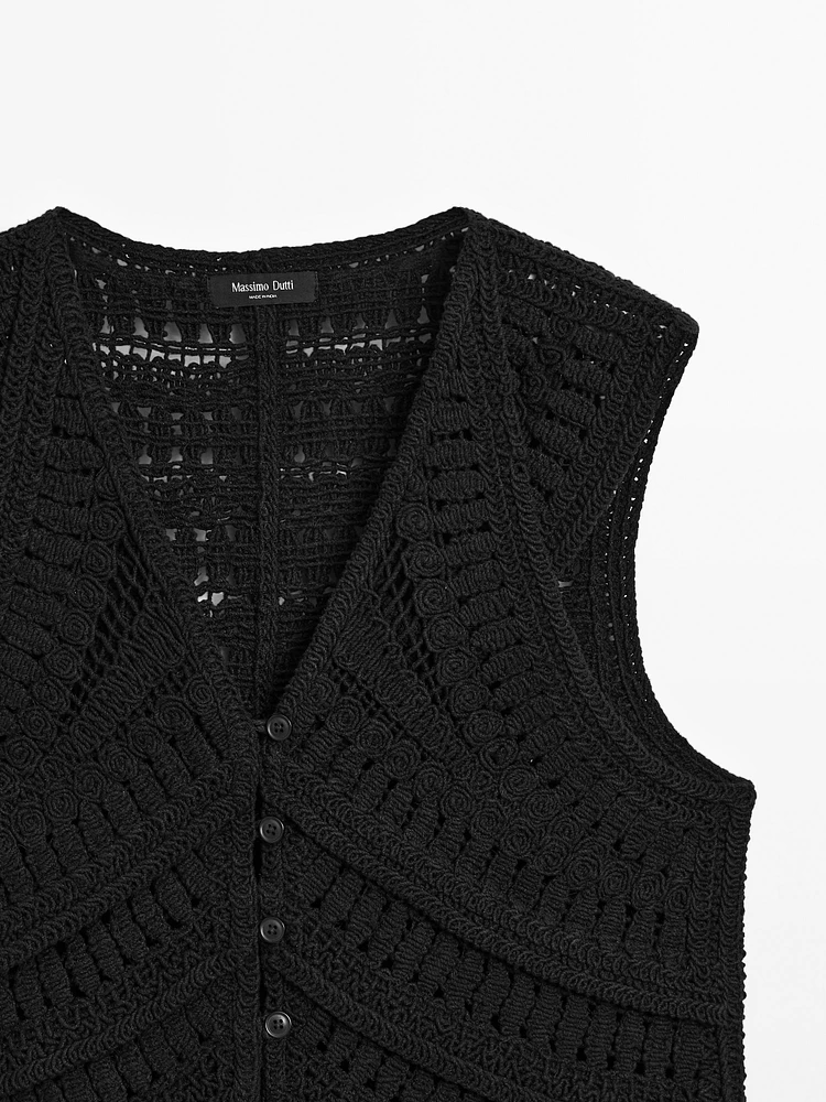 Embellished crochet knit vest