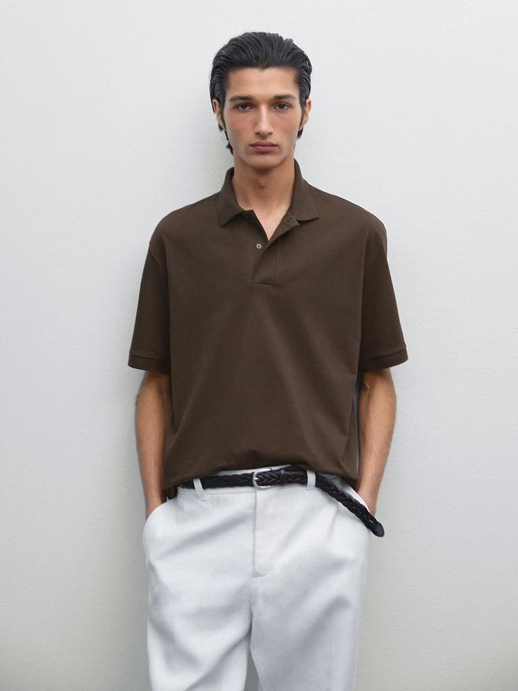 Cotton blend slim fit knit polo shirt