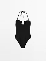 Bandeau swimsuit with metal piece detail