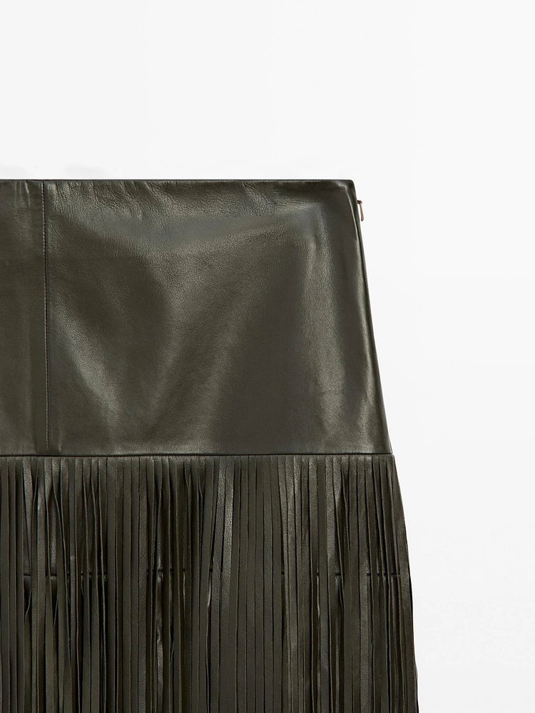 Jupe midi à franges en cuir nappa - Studio