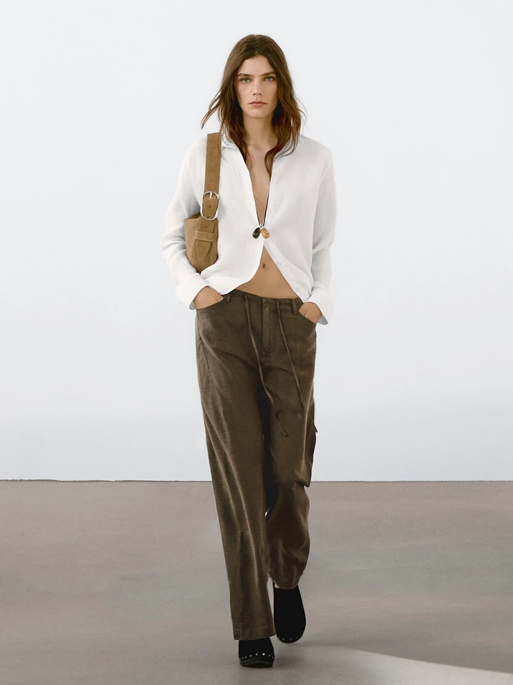 100% linen straight-leg trousers with pockets